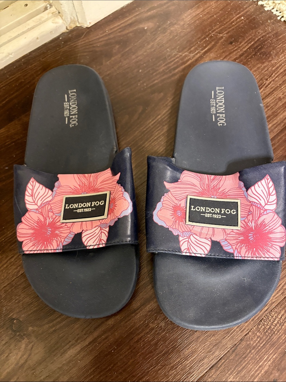 London Fog Navy Slides with Pink Floral Strap